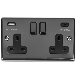 2 Gang Switched Socket with 2x USB: (1x Type A & 1x Type C) Black Nickel Enhance Range Black Trim