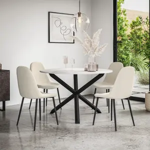 Malvern Round Dining Table And Chairs -  Marble Table Top w Solid Oak Black Legs + Maya Boucle Dining Chair Set Of 4 (Ivory White)