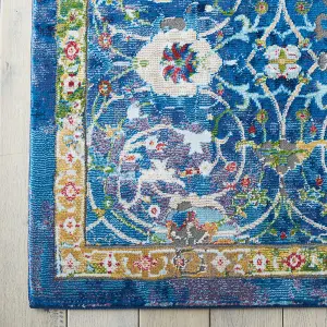 Blue Floral Traditional Easy to Clean Rug for Living Room Bedroom and Dining Room-71 X 244cm (Runner)