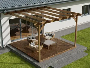 Wall mounted pergola and decking complete diy kit, Chamfered design (3m x 3m, Rustic brown finish)