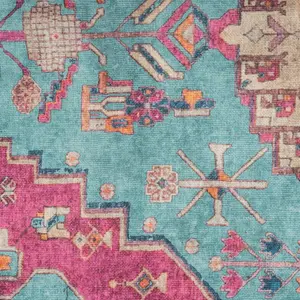 Bold Teal Blue Pink Persian Style Washable Non Slip Rug 200x290cm