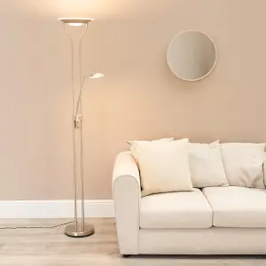 ValueLights Beata Brushed Chrome Integrated LED Uplighter Floor Lamp with Task Reading Side Lamp