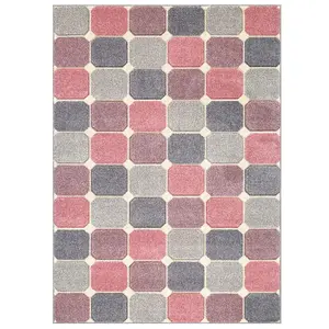 Modern Easy to Clean Chequered Geometric Pink Rug for Dining Room-200cm X 285cm