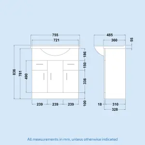 Nes Home 750mm Floorstanding 3 Door Vanity Basin Unit White