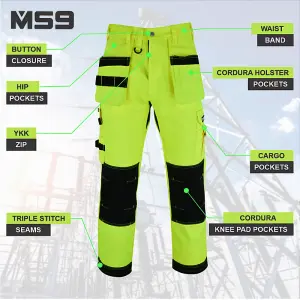 MS9 Mens Hi Viz Vis Cargo Working Work Trouser Trousers Pants Jeans, Yellow - 42W/34L