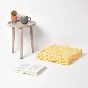 Homescapes Cotton Gingham Check Yellow Floor Cushion, 50 x 50 cm