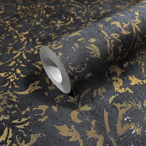 Galerie The New Design Book Metallic Black/Gold Ornamental Mottled Damask Wallpaper Roll