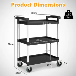 COSTWAY 3-Tire Metal Rolling Cart 150KG Capacity Tool Trolley with Lockable Universal Wheels