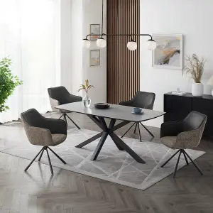 Verona Grey Ceramic Dining Table & Grey/Beige Fabric Porto Swivel Chairs, 4 Seater