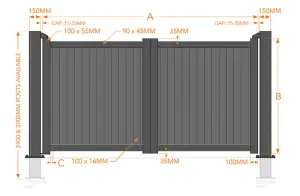 Double Swing Gate 3500x1600mm - Aluminium - Vertical Solid Infill and Flat Top - Black