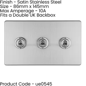 3 PACK 3 Gang Triple Retro Toggle Light Switch SCREWLESS SATIN STEEL 10A 2 Way