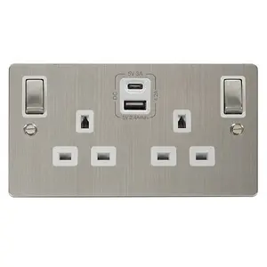 Flat Plate Stainless Steel 2 Gang 13A DP Ingot Type A & C USB Twin Double Switched Plug Socket - White Trim - SE Home