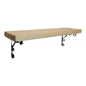 Solid Wood Handmade Rustical Shelf Unprimed 145mm 6 inch with Black Metal Bracket WO Length of 150cm