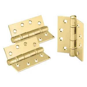 XFORT 4 Inch (100mm) Polished Brass Ball Bearing Hinges, Steel Door Hinge for Wooden Doors (1.5 Pairs)