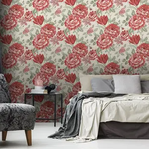 Fayre Floral Wallpaper Red / Cream Muriva 194303