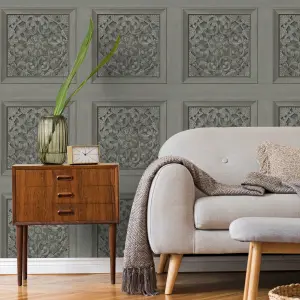 Carved Panel Charcoal Wallpaper