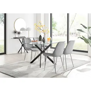 Lenworth Glass Rectangular Dining Table Set with 4 Luxury Velvet Chairs Grey/Silver / Black