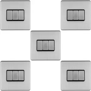 5 PACK 3 Gang Triple Light Switch SCREWLESS SATIN STEEL 2 Way 10A Slim Rocker