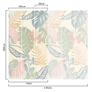 Abstract Pastel Leaf 3 lane Repeatable Wallpaper Mural,  Green & Blush