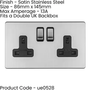 2 Gang Double DP 13A Switched UK Plug Socket SCREWLESS SATIN STEEL Wall Power