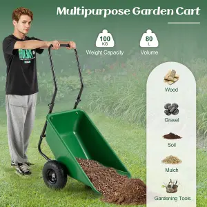 COSTWAY Dual-Wheel Wheelbarrow 80 L Volume Garden Utility Cart W/ Foldable Handle