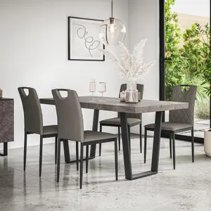 Aria Dining Table And Chairs -  Concrete Effect Table Top w Black Legs + Monza Faux Leather Dining Chair Set Of 6 (Grey)