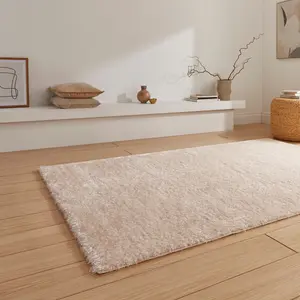 Cream Plain Shaggy 45mm Thick Stain-Resistant Rug For Bedroom, & Dining Room, Easy to Clean Modern Rug-120cm X 170cm