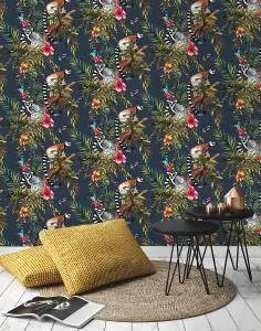 Holden Decor Midnight Blue Tropical Jungle Lemur Lizard Birds Floral Wallpaper