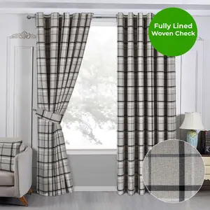 Home Curtains Hudson Woven Check Fully Lined 90w x 72d" (229x183cm) Grey Eyelet Curtains (PAIR)