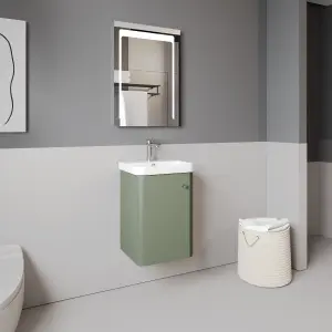 Wall Hung 1 Door Vanity Unit with Ceramic Sink - 400mm - Satin Green