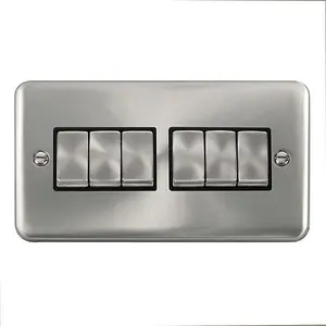 Curved Satin / Brushed Chrome 10A 6 Gang 2 Way Ingot Light Switch - Black Trim - SE Home