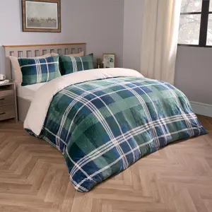 Tartan Fleece Duvet Cover Bedding Check Sherpa Soft Set, Navy/Green - King