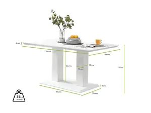 Imperia White High Gloss 6 Seater Dining Table with Structural 2 Plinth Column Legs 6 Beige Faux Leather Gold Leg Corona Chairs