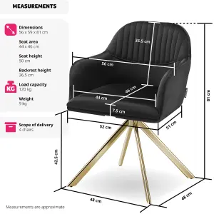 Armchair Lona - 360 swivel, high backrest, plush upholstery, slim steel legs - black/gold