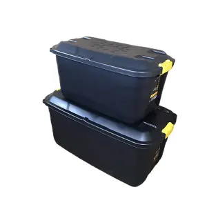 1 x 145L AND 1 x 75L Heavy Duty Trunks on Wheels Sturdy, Lockable, Stackable and Nestable Design Storage Chest with Clips in Black