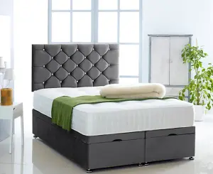 Black Plush Foot Lift Ottoman Bed With Memory Spring Mattress And Studded Headboard 4FT6 Double