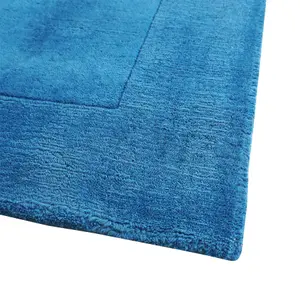 Handloom Plain Carved Border Wool Runner Rugs in Teal Blue - 60x230cm