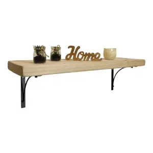 Solid Wood Handmade Rustical Shelf Unprimed 175mm 7 inch with Black Metal Bracket BOW Length of 190cm