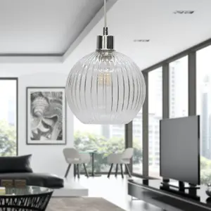 First Choice Lighting Betchley Clear Ribbed Glass Globe with Chrome Pendant Fitting