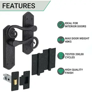 AFIT Curly Black Antique Door Handle on Backplate Latch Kit / Pack - 64mm Latch 76mm Hinges