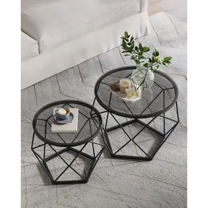 Alieya Round Coffee Tables, Set Of 2 Side Tables, Modern Style, Removable Tabletop, Steel Frame, For Living Room,Transparent-Cloud Black