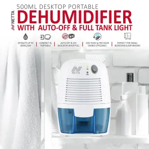 NETTA Dehumidifier 500ml Mini Air Dehumidifier for Damp, Mould, Moisture - Blue