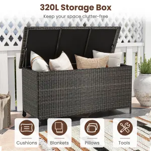 Costway Rattan Deck Box 320L Indoor Outdoor Wicker Storage Container w/Wheels