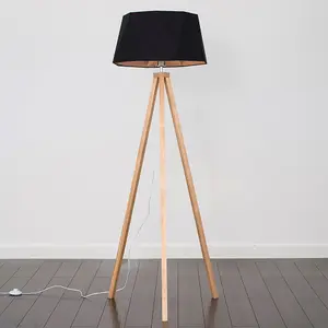 ValueLights Barbro Light Wood Tripod Design Floor Lamp with Black/Copper Geometric Shade - Complete with 6w LED GLS Bulb