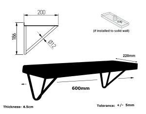 Reclaimed Wooden Shelf with Bracket WIRE 9" 220mm - Colour Burnt - Length 60cm