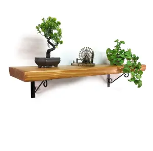 Wooden Rustic Shelf with Bracket WOP Black 170mm 7 inches Light Oak Length of 40cm