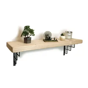 Solid Wood Handmade Rustical Shelf Unprimed 225mm 9 inch with Black Metal Bracket SQUARE Length of 180cm