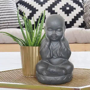 Buddha Statue Indoor and Outdoor, Grey Stone Effect Feng Shui Ornament, Buddha Baby Monk Figurine L20 W17 H35 cm