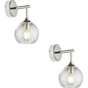 2 PACK Indoor Bright Nickel Plate Wall Light - Clear Spiral Glass Shade - Dimmable 7W LED E14