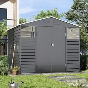 246.5cm W Charcoal Steel Outdoor Garden Tool Storage Shed with Windows, Vents, and Built-in Shelves, Black